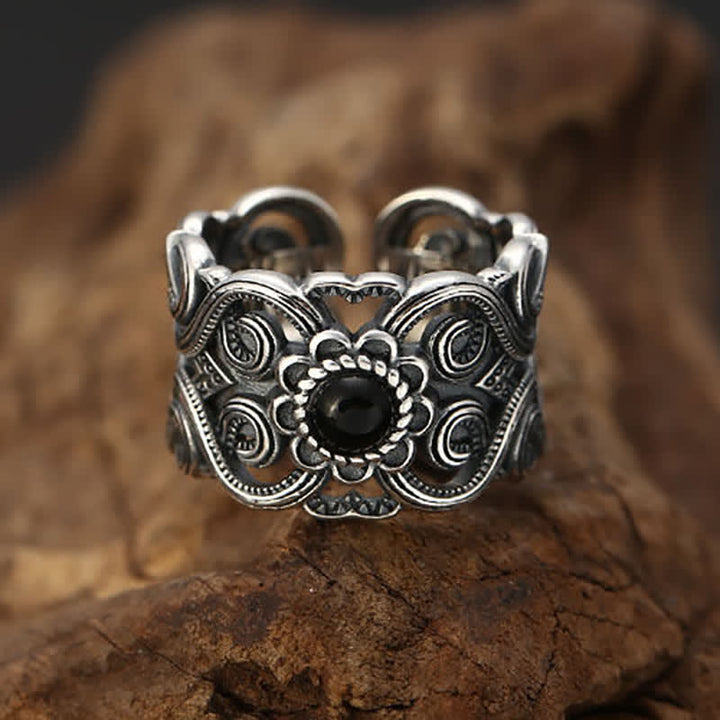 Bague ajustable à motif ethnique en onyx noir Olivenorma