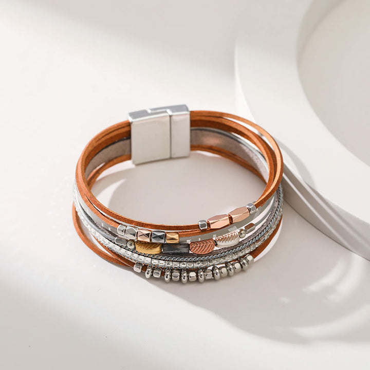 Bracelet en cuir à plusieurs niveaux avec feuille de zircon blanc et hématite Olivenorma