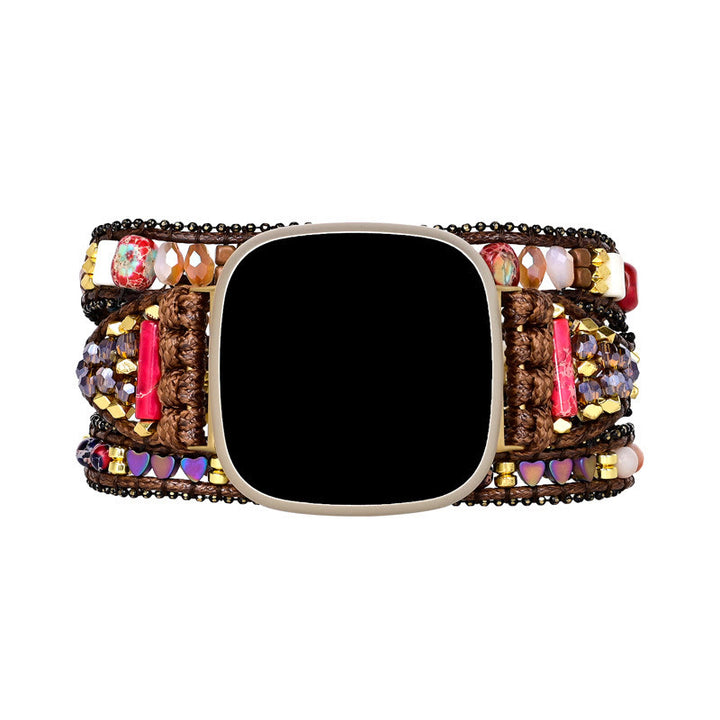 Bracelet de montre Fitbit tissé à la main avec perles en pierre rouge Olivenorma à 3 couches