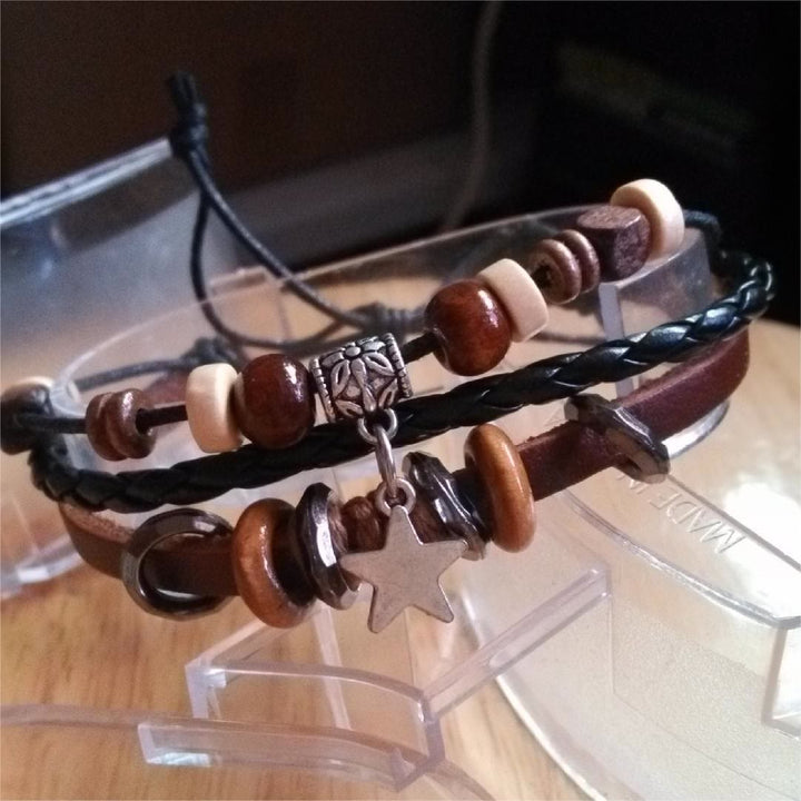 Bracelet tressé en cuir pour homme avec pendentif croix et étoile Olivenorma