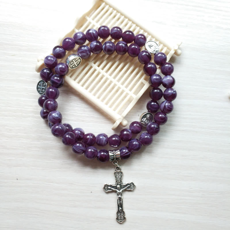 Bracelet chapelet avec pendentif croix en améthyste Olivenorma