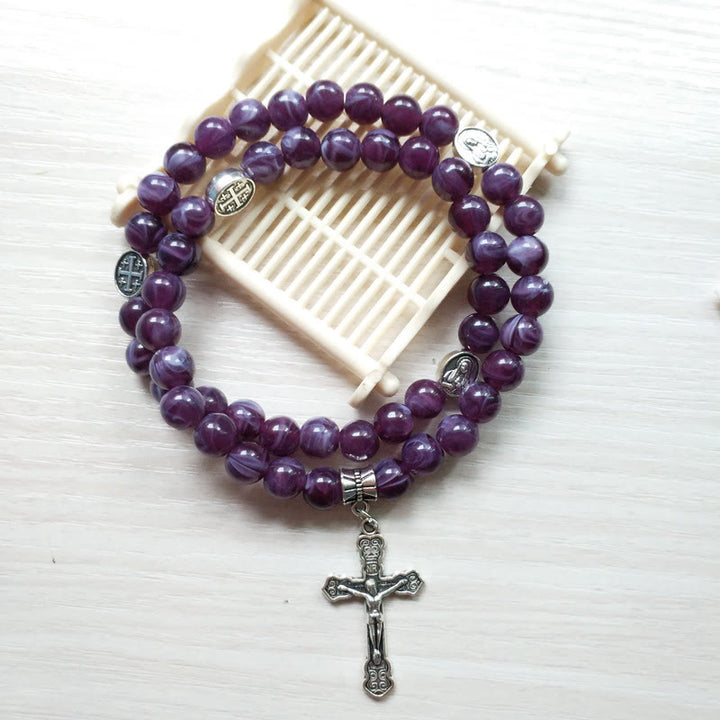 Bracelet chapelet avec pendentif croix en améthyste Olivenorma