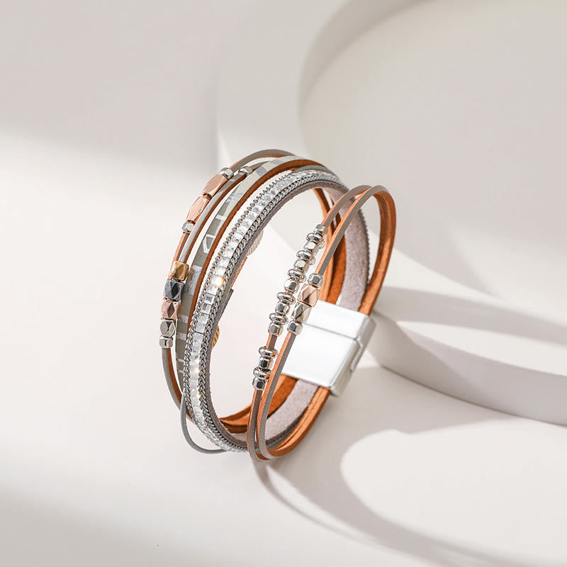 Bracelet en cuir à plusieurs niveaux avec feuille de zircon blanc et hématite Olivenorma