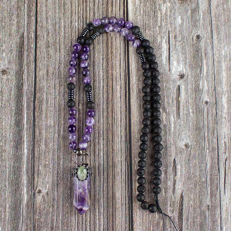 Collier Mala avec pendentif en forme de prisme hexagonal en cristal naturel Olivenorma