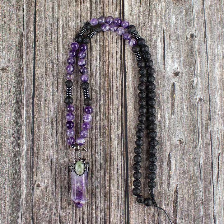 Collier Mala avec pendentif en forme de prisme hexagonal en cristal naturel Olivenorma