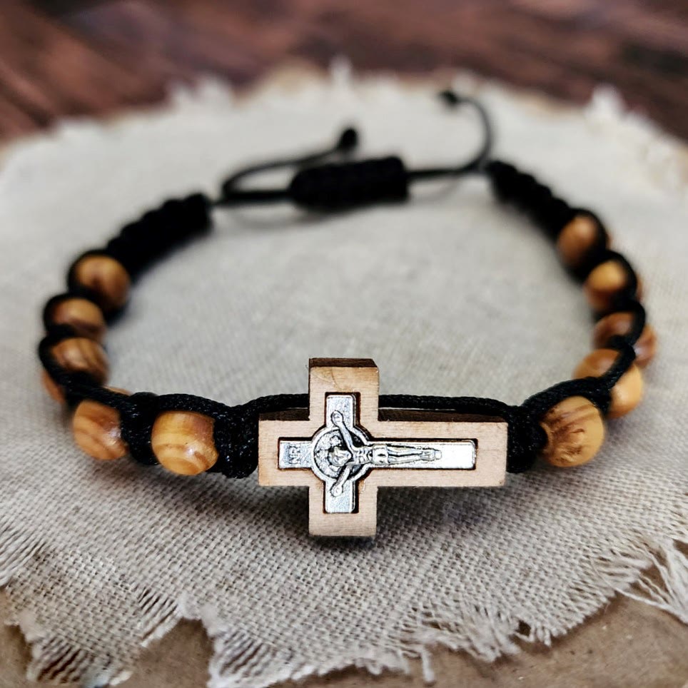 Bracelet chapelet en bois avec croix de Jésus Olivenorma