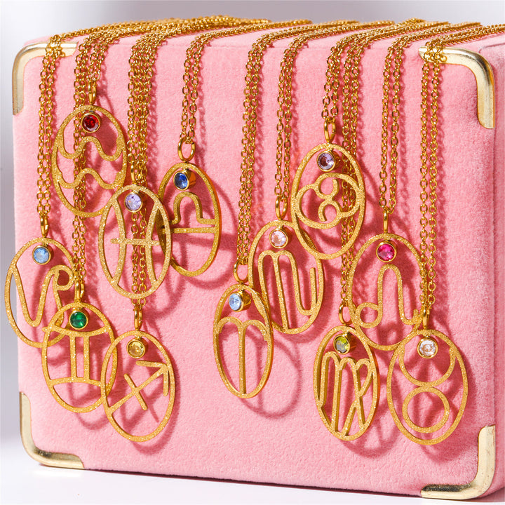 Collier avec pierre de naissance et rune du zodiaque creuse Olivenorma