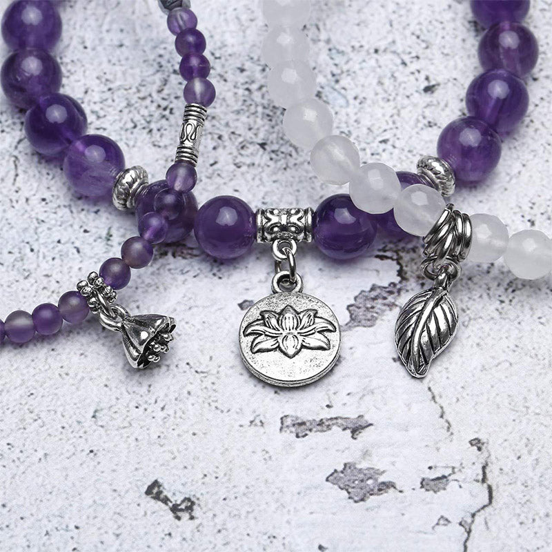 Bracelet 3 pièces avec symbole du lotus en améthyste