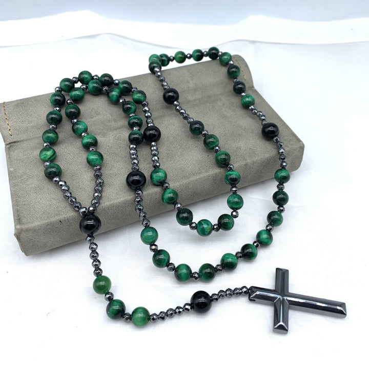 Collier chapelet pour homme avec croix en œil de tigre et lapis-lazuli Olivenorma