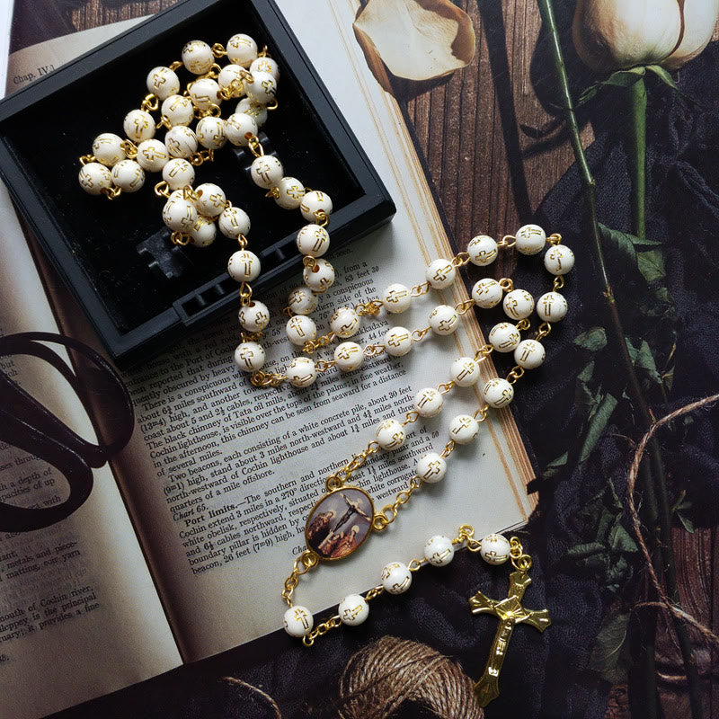 Collier chapelet en perles de croix en acrylique bronze Olivenorma