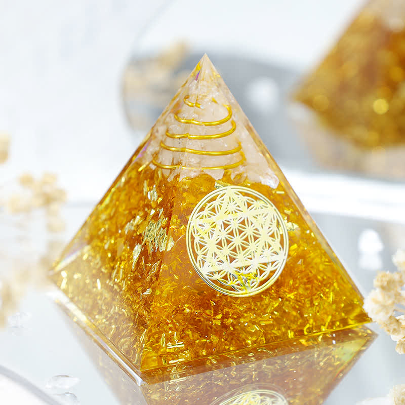 Citrine Olivenorma Richesse Cube de Métatron Pyramide d'orgone