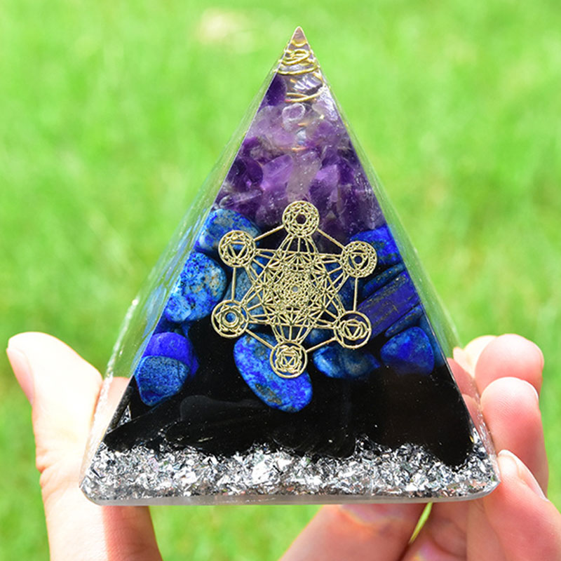 Olivenorma Améthyste Lapis Lazuli Tourmaline noire Symbole du cube de Métatron Pyramide d'orgone
