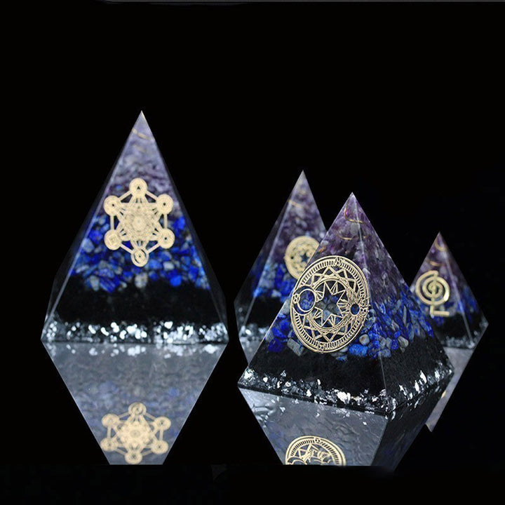 Olivenorma Améthyste Lapis Lazuli Tourmaline noire Symbole du cube de Métatron Pyramide d'orgone