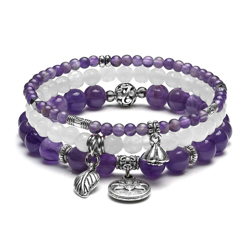 Bracelet 3 pièces avec symbole du lotus en améthyste
