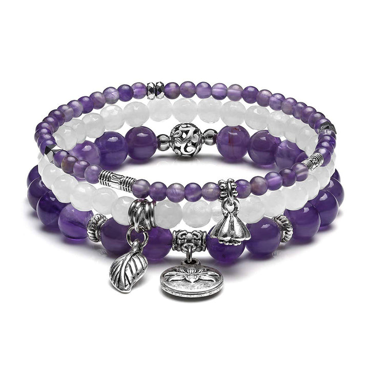 Bracelet 3 pièces avec symbole du lotus en améthyste