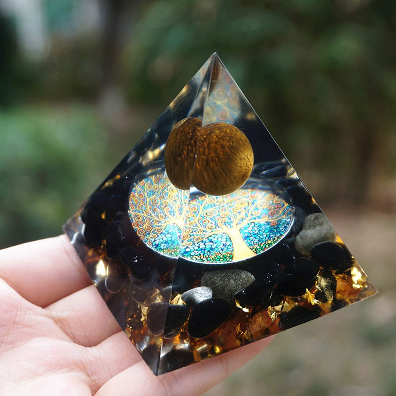 Pyramide d'orgone de protection en œil de tigre et obsidienne du gardien Olivenorma - image 3