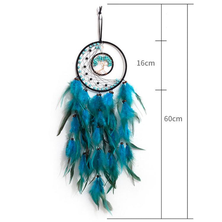 Attrape-rêves à plumes en forme d'arbre de vie turquoise à LED Olivenorma