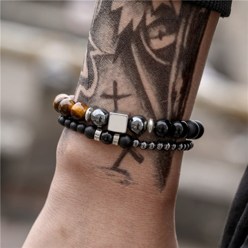 Ensemble de bracelets extensibles en forme de cube noir avec œil de tigre givré Olivenorma