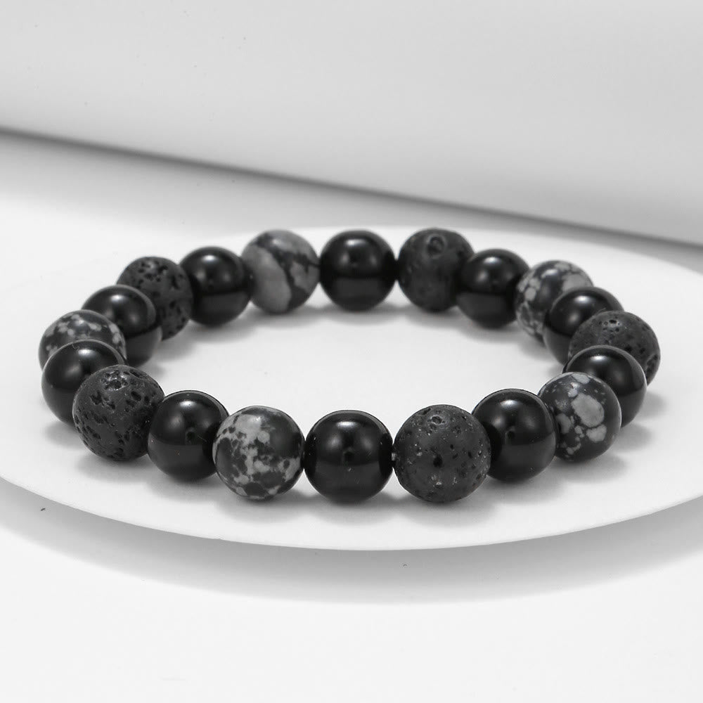 Bracelet pour homme en perles de pierre de lave, obsidienne flocon de neige et onyx noir Olivenorma
