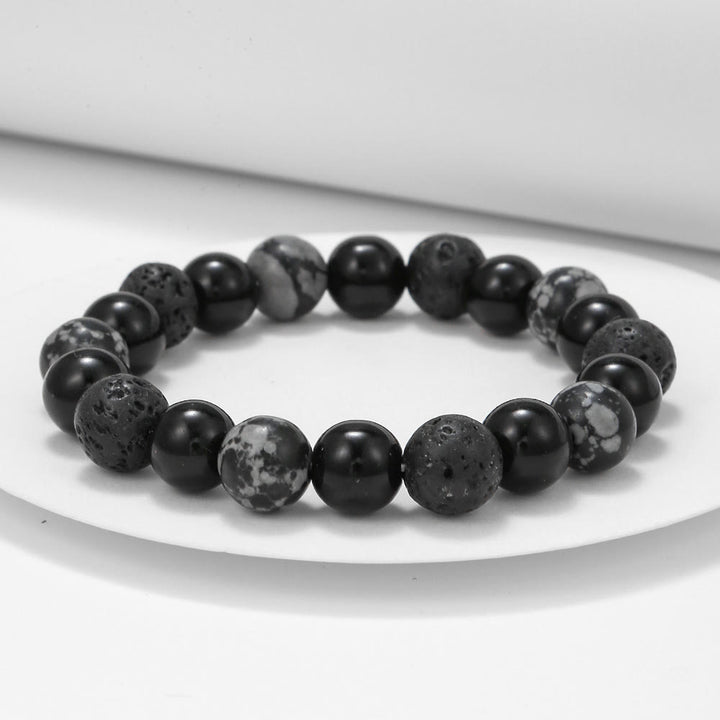 Bracelet pour homme en perles de pierre de lave, obsidienne flocon de neige et onyx noir Olivenorma