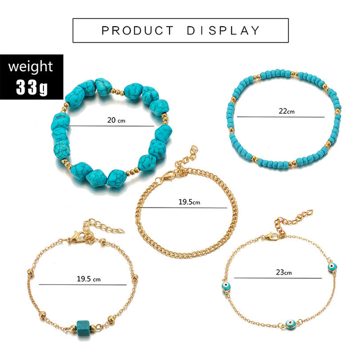 Bracelet de cheville de plage à cinq canapés en alliage turquoise irrégulier Olivenorma