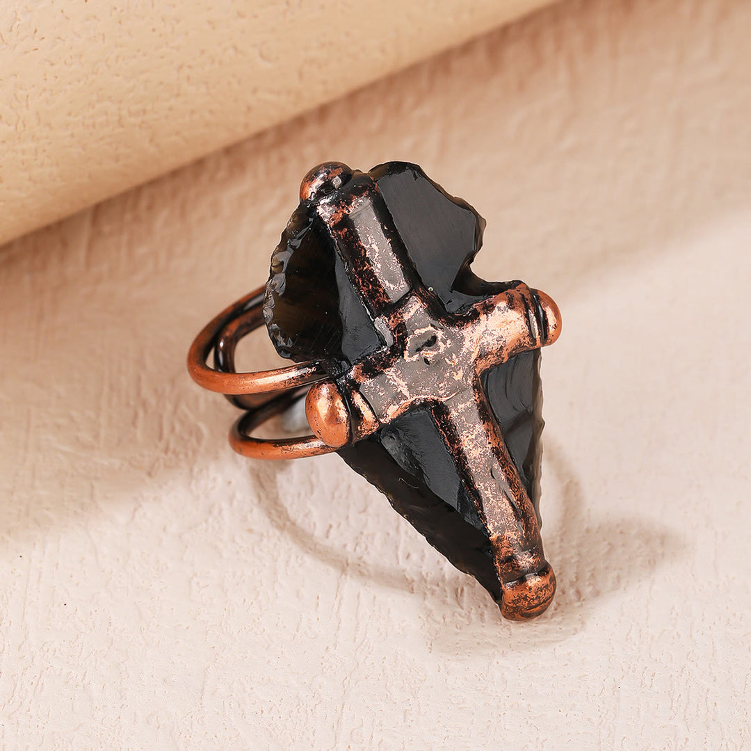 Bague en forme de croix avec bouclier en obsidienne naturelle Olivenorma
