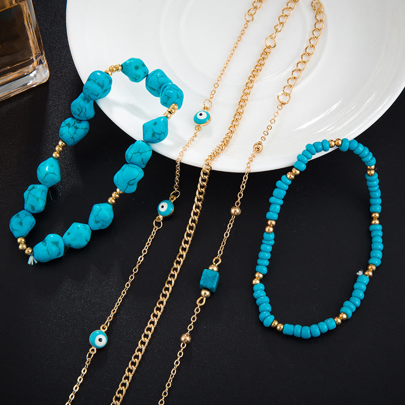 Bracelet de cheville de plage à cinq canapés en alliage turquoise irrégulier Olivenorma