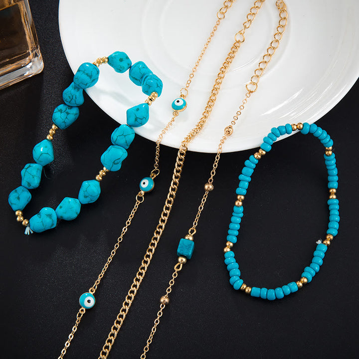 Bracelet de cheville de plage à cinq canapés en alliage turquoise irrégulier Olivenorma