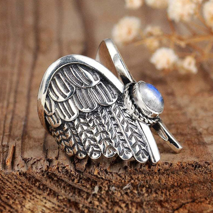 Bague Olivenorma Ailes d'ange en pierre de lune et plumes