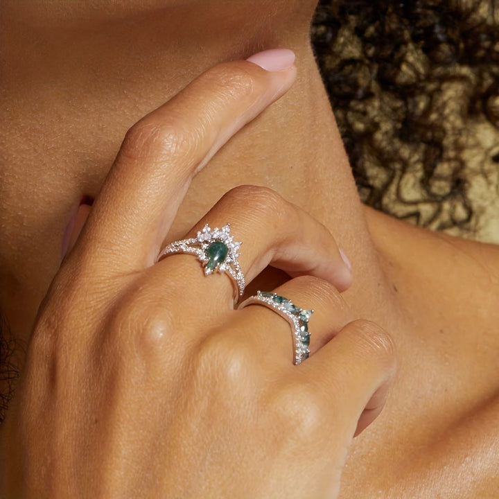 Bague en argent sterling 925 avec couronne en zircon blanc et agate mousse Olivenorma