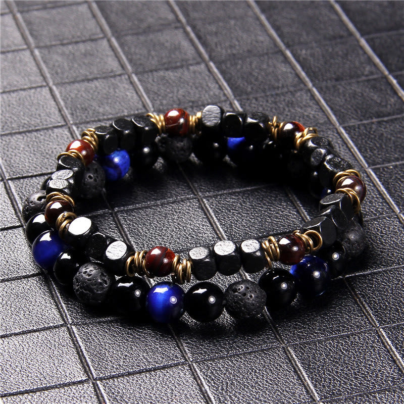 Bracelet homme double couche avec pendentif croix en pierre naturelle Olivenorma