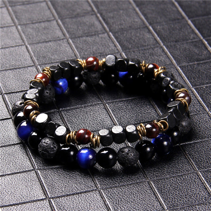 Bracelet homme double couche avec pendentif croix en pierre naturelle Olivenorma