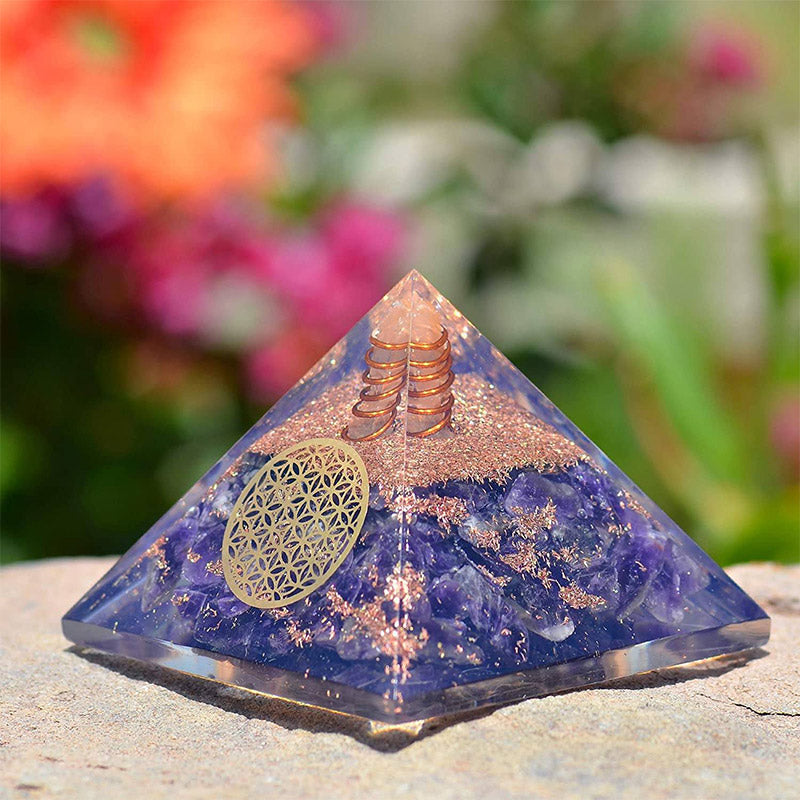 Pyramide d'orgone fleur de vie en améthyste Olivenorma