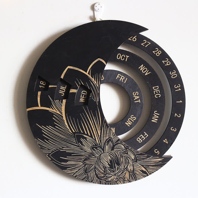 Calendrier perpétuel en forme de croissant de lune en bois avec cercle Olivenorma pour décoration murale