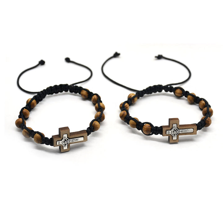 Bracelet chapelet en bois avec croix de Jésus Olivenorma