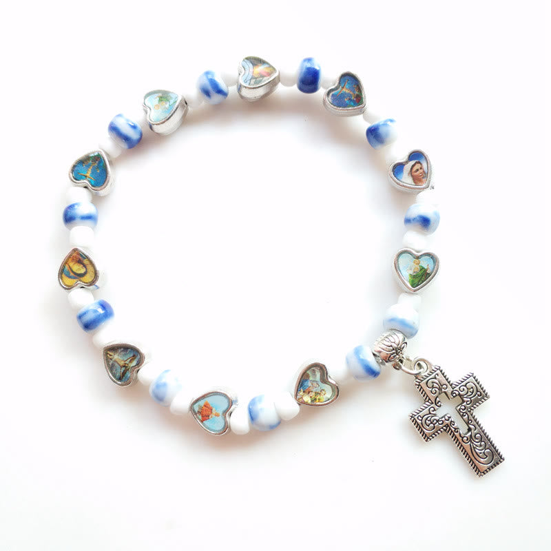Bracelet croix chrétienne en perles de pierre colorées naturelles Olivenorma