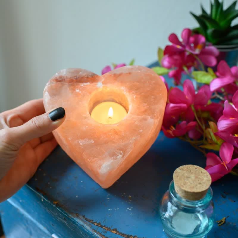 Bougeoir en forme de cœur sculpté à la main Olivenorma Lampe en sel rose de l'Himalaya