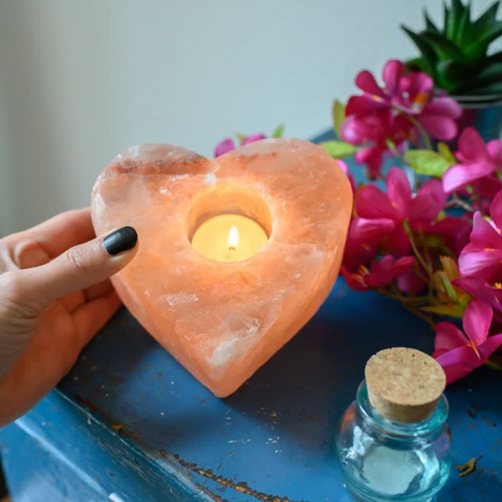 Bougeoir en forme de cœur sculpté à la main Olivenorma Lampe en sel rose de l'Himalaya