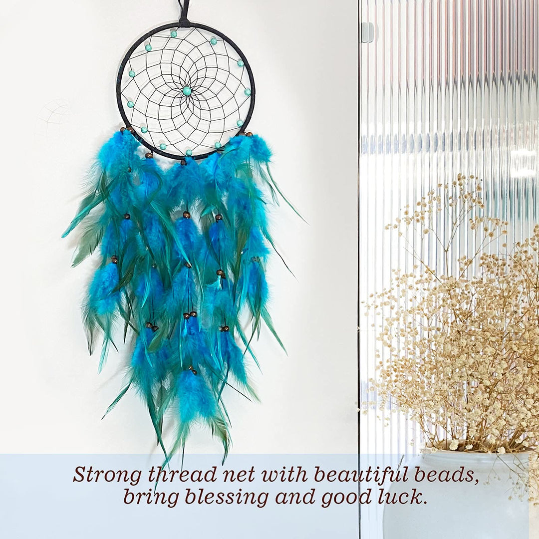 Attrape-rêves à plumes bleues et florales tressées en perles turquoise Olivenorma