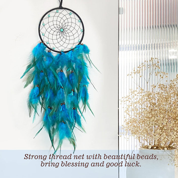 Attrape-rêves à plumes bleues et florales tressées en perles turquoise Olivenorma