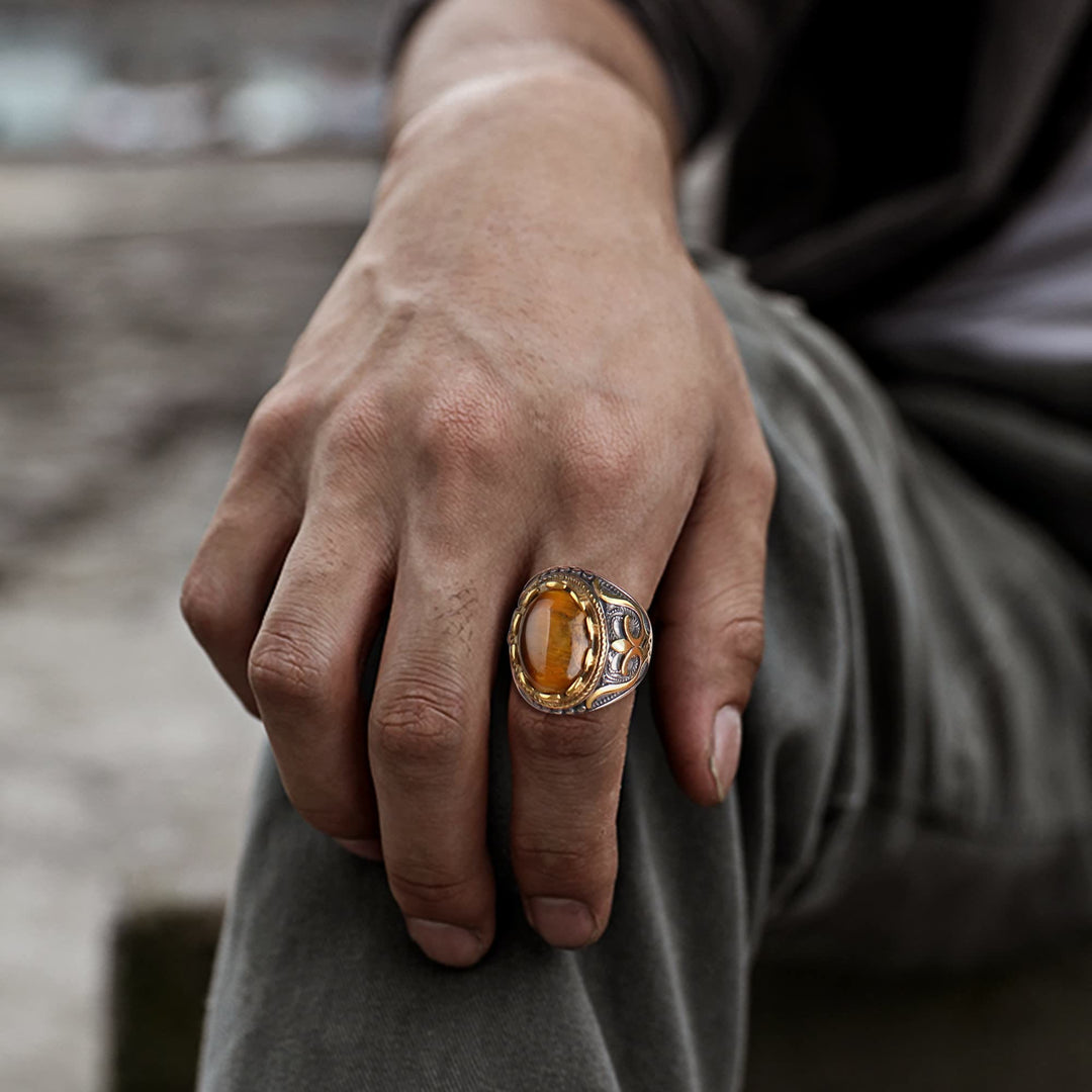 Bague rétro Olivenorma pour homme avec grande pierre œil de tigre