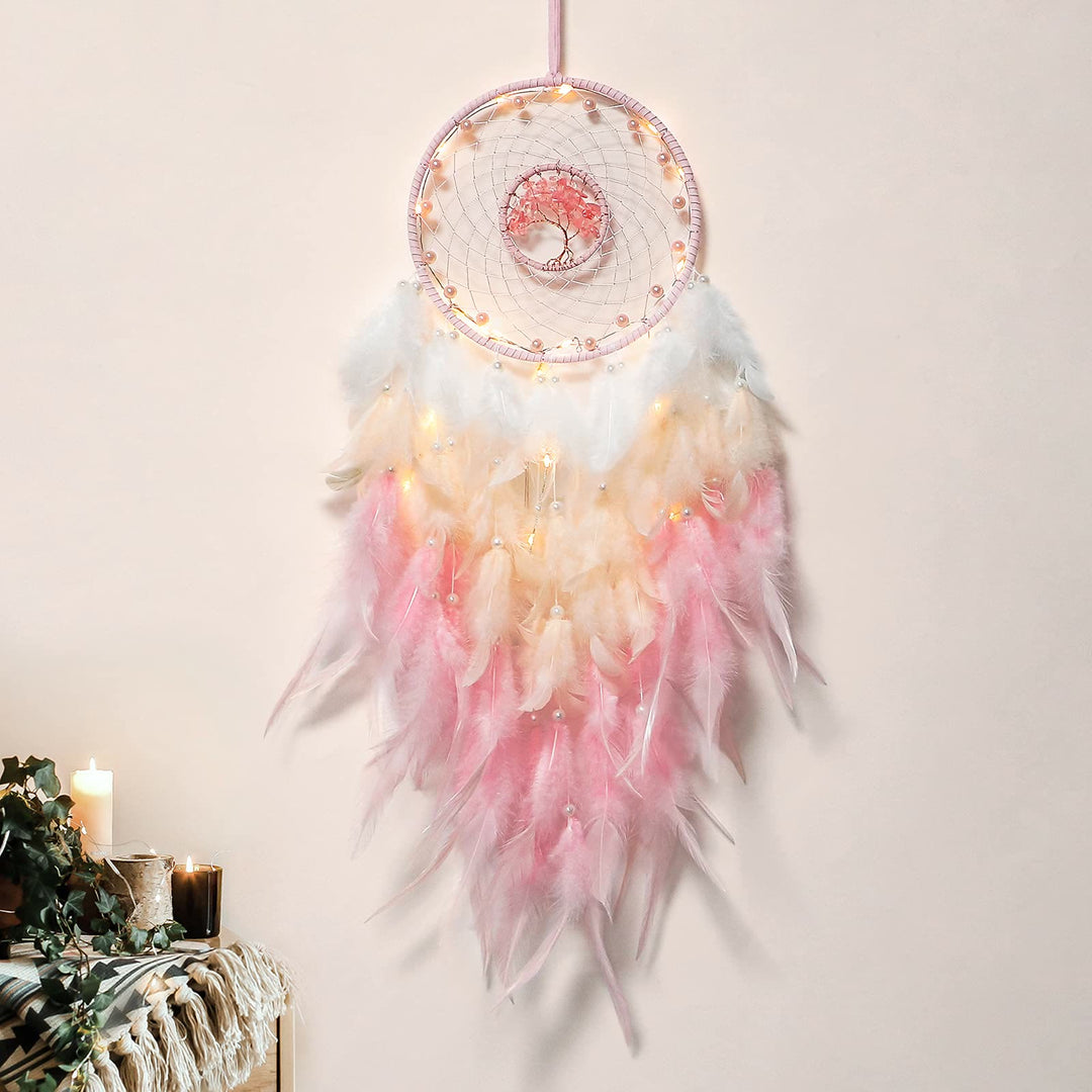 Attrape-rêves en cristal arbre de vie avec plumes phosphorescentes Olivenorma