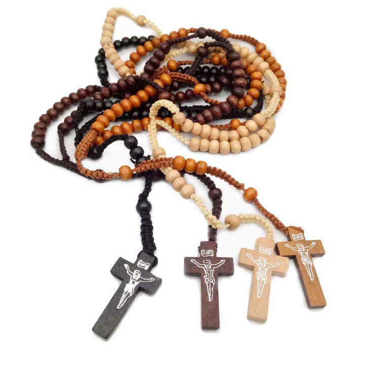 Collier chapelet en perles de bois avec croix Olivenorma