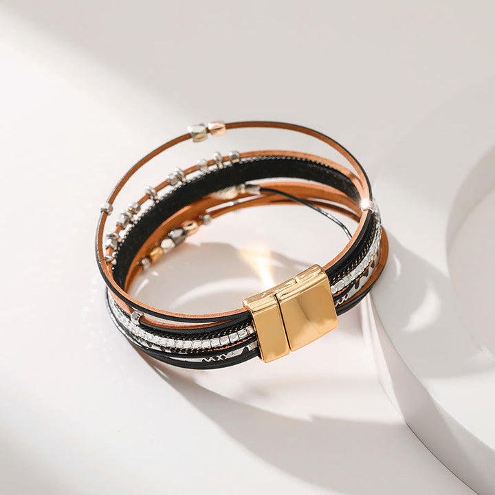 Bracelet en cuir à plusieurs niveaux avec feuille de zircon blanc et hématite Olivenorma