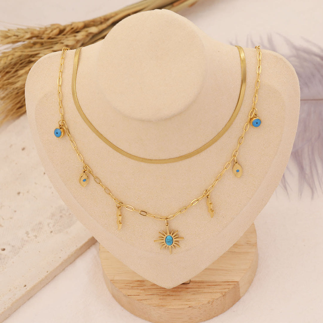 Collier, bracelet et boucles d'oreilles avec pendentif étoile et soleil turquoise Olivenorma
