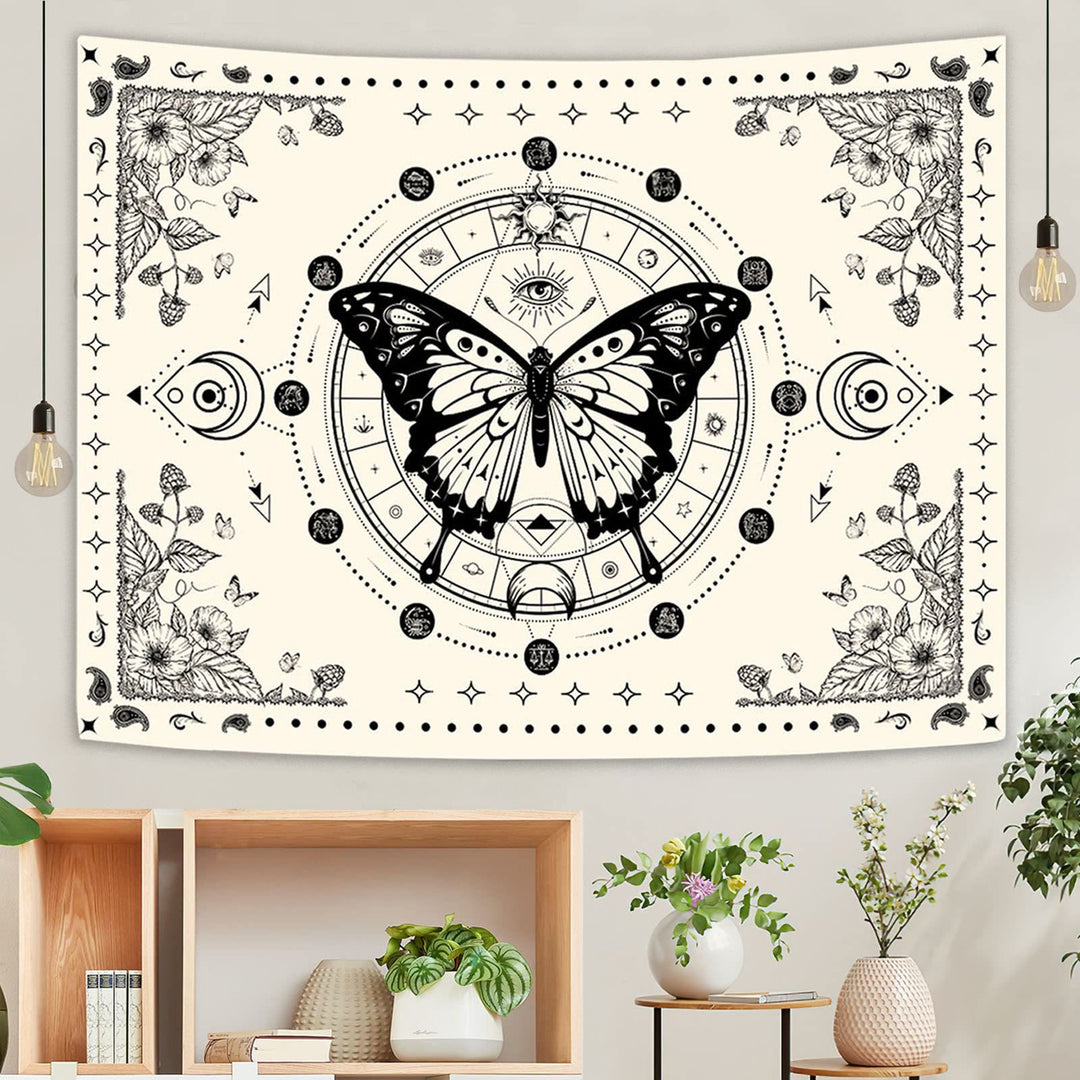 Tapisserie beige Olivenorma, papillon noir, fleur de lune