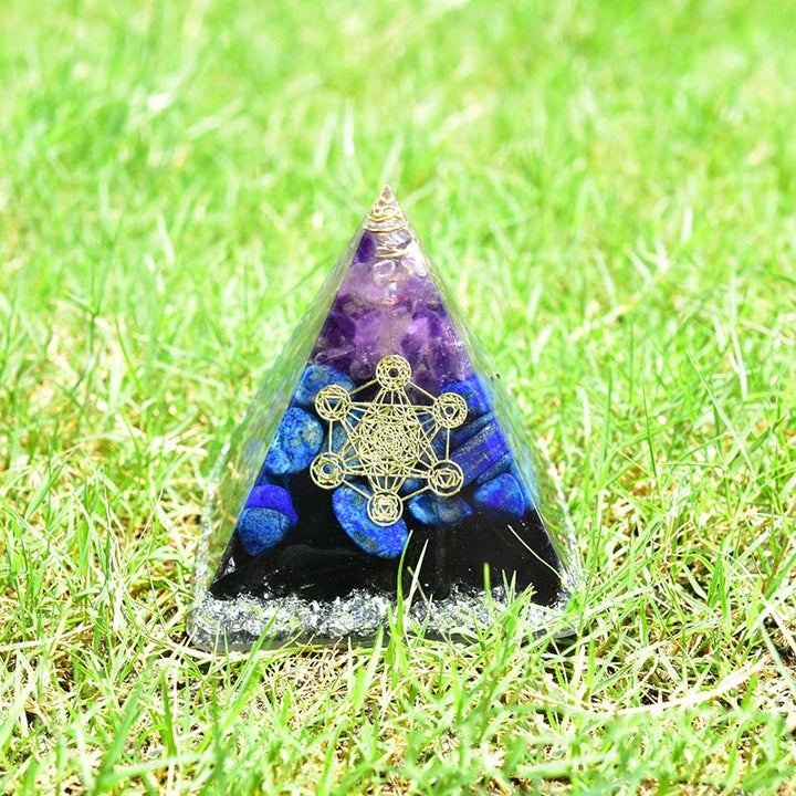 Olivenorma Améthyste Lapis Lazuli Tourmaline noire Symbole du cube de Métatron Pyramide d'orgone