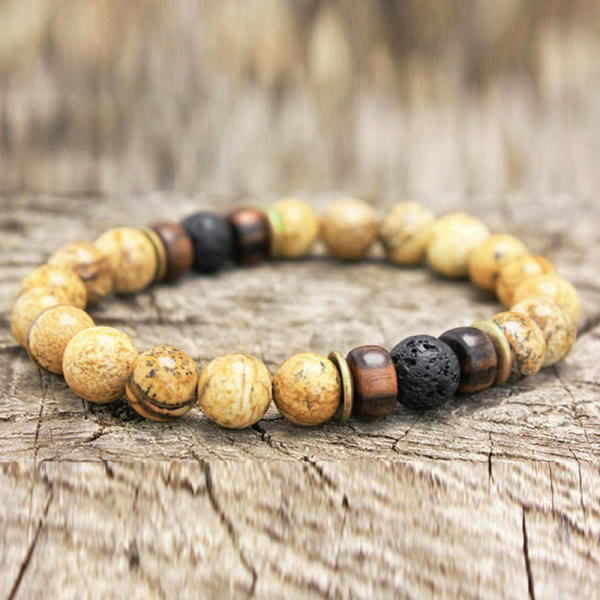 Bracelet énergétique pour homme en perles de bois et pierres naturelles de 8 mm Olivenorma