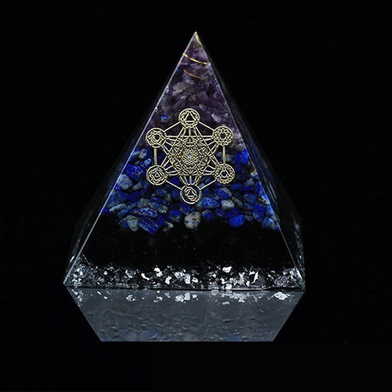 Olivenorma Améthyste Lapis Lazuli Tourmaline noire Symbole du cube de Métatron Pyramide d'orgone