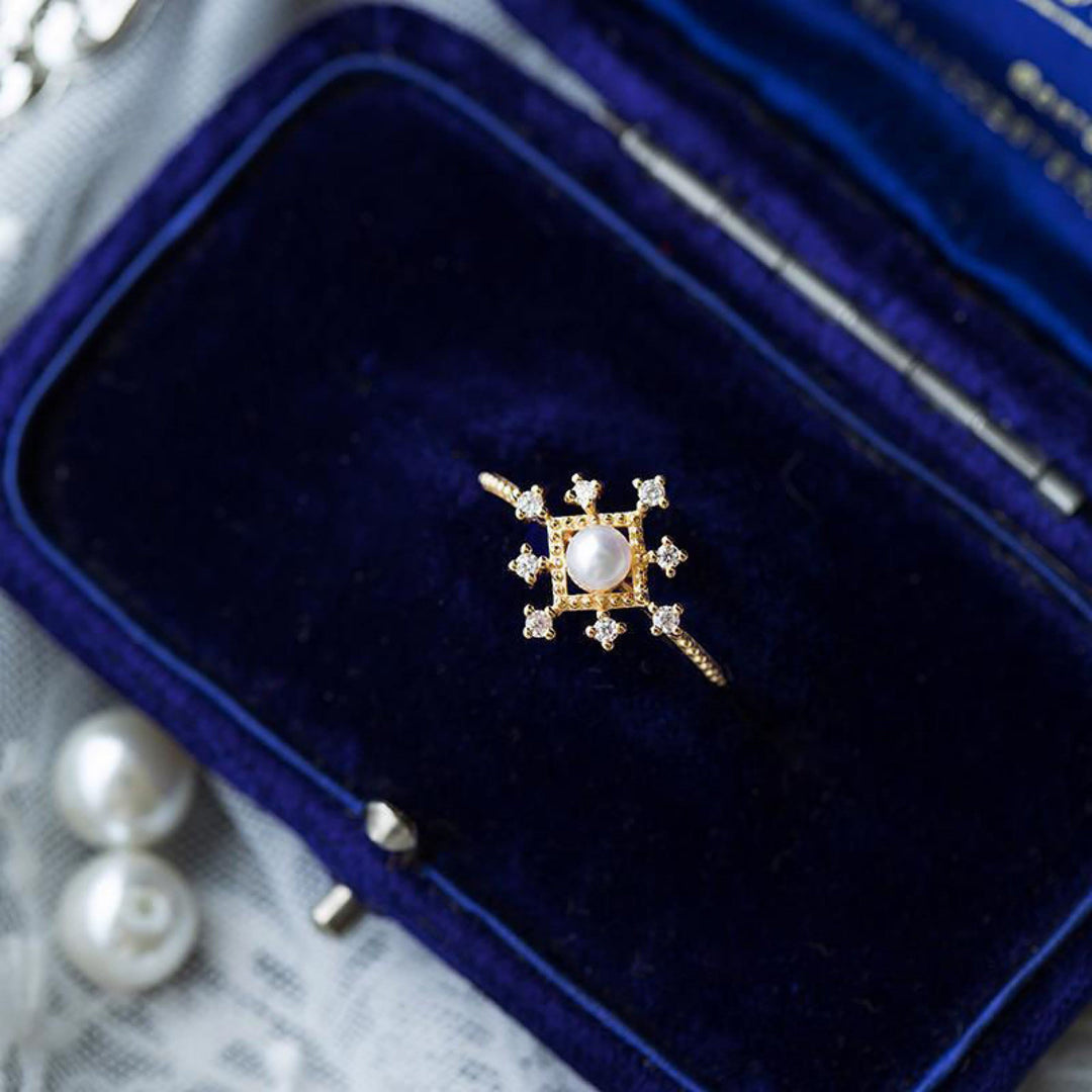 Bague en perle naturelle avec zircon et fleur romantique Olivenorma